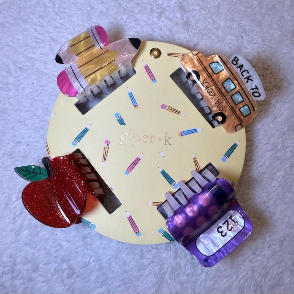 NEW! Piper K ~ 4 School Hair Clips;
Pencil, Bus, Calculator, Apple - Teachers